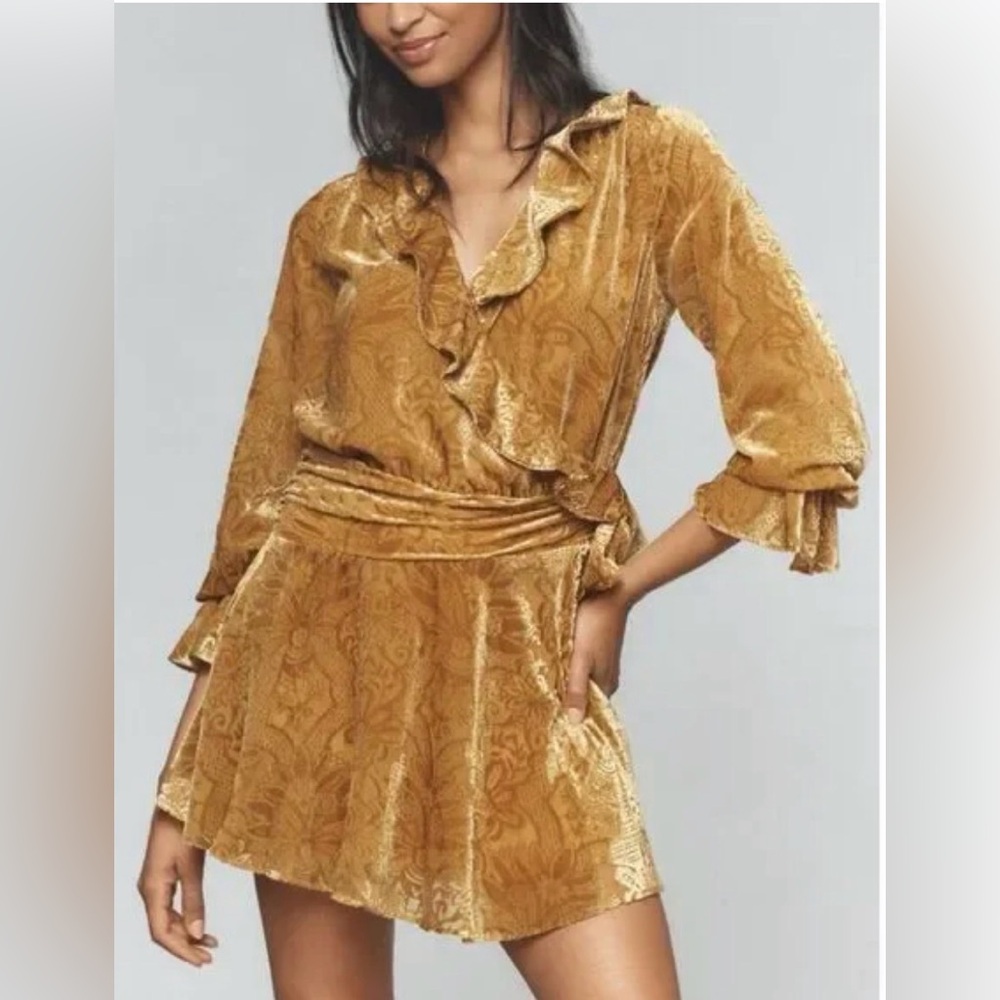 “Anthropologie”, Velvet Ruffle Wrap Dress in Gold, NWT,size 2!